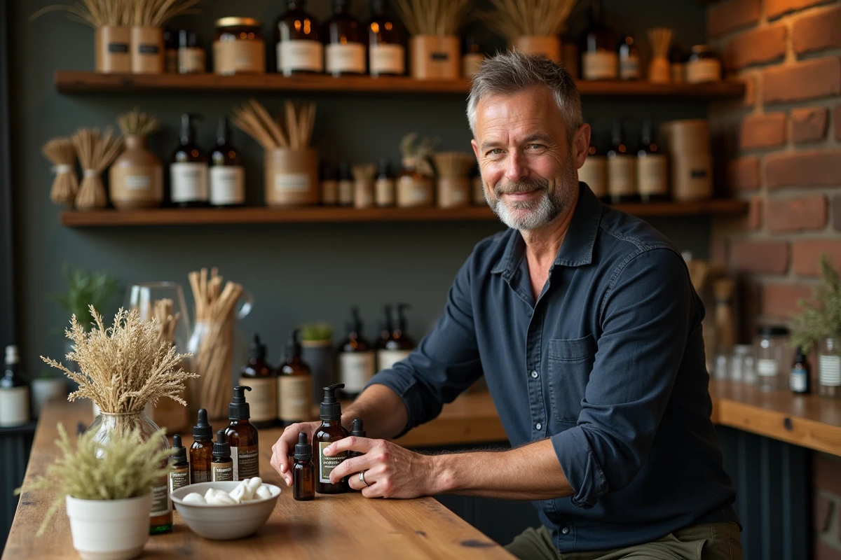 Homme arrangeant des huiles essentielles et plantes séchées dans une boutique de bien-être naturel artisanale