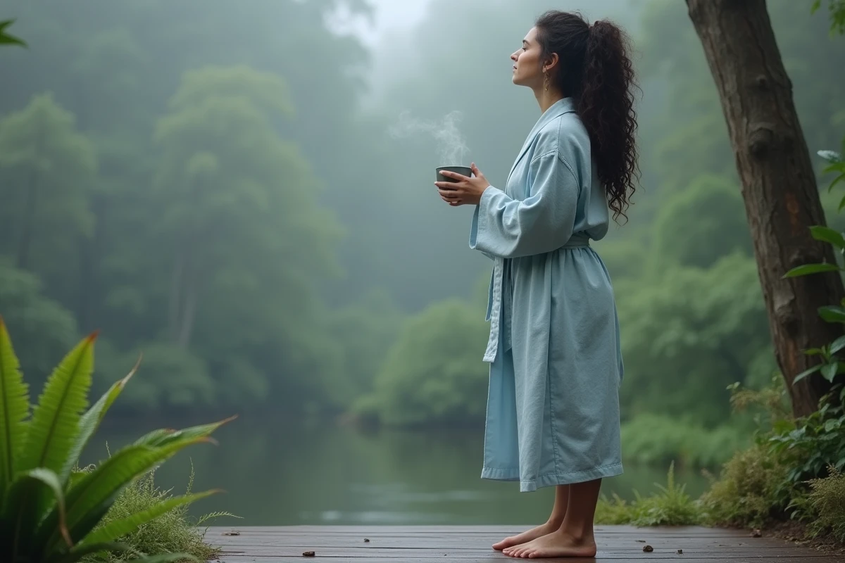 Femme en robe tenant une infusion d'herbes sur une terrasse en bois face à une forêt brumeuse au matin