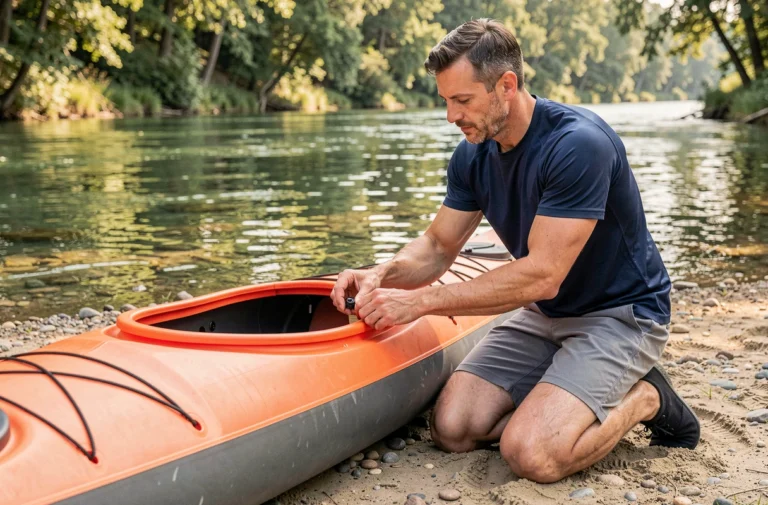 Homme inspectant les valves d'un kayak gonflable orange sur une berge de rivière pour en vérifier la qualité avant achat