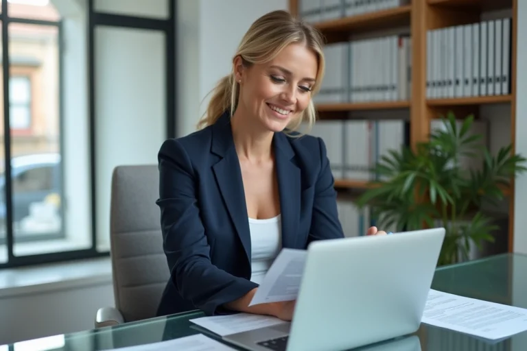 Investisseuse immobilière analysant des documents de rentabilité locative dans un bureau moderne