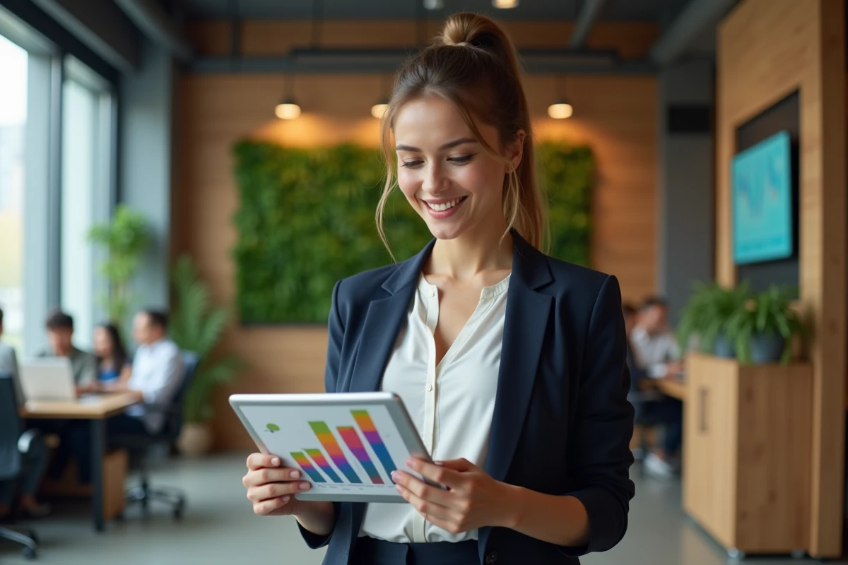 Jeune entrepreneure souriante avec un graphique sur tablette