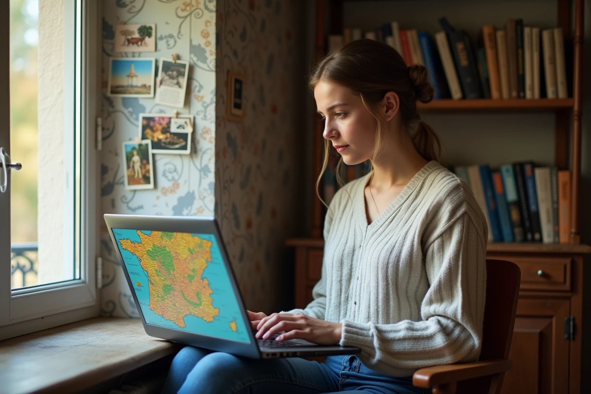 Jeune femme étudie une carte de France sur son ordinateur portable