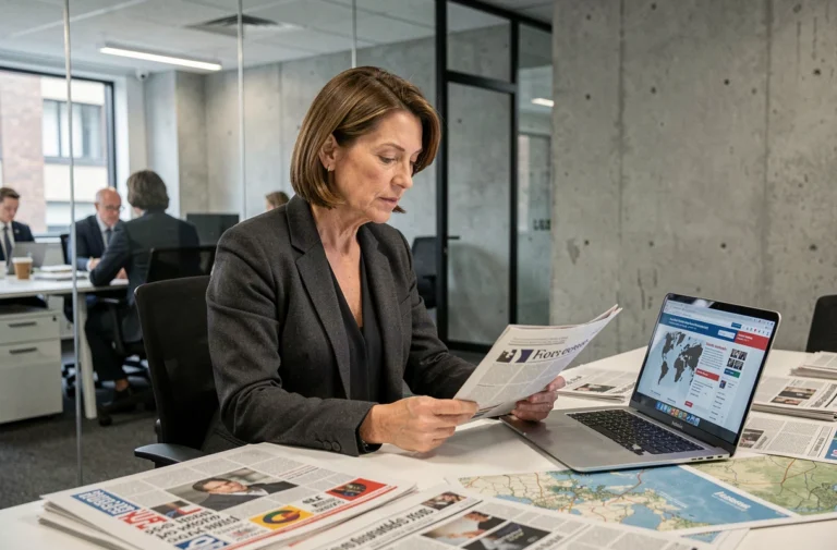 Journaliste analysant des journaux internationaux et des cartes dans une salle de rédaction moderne