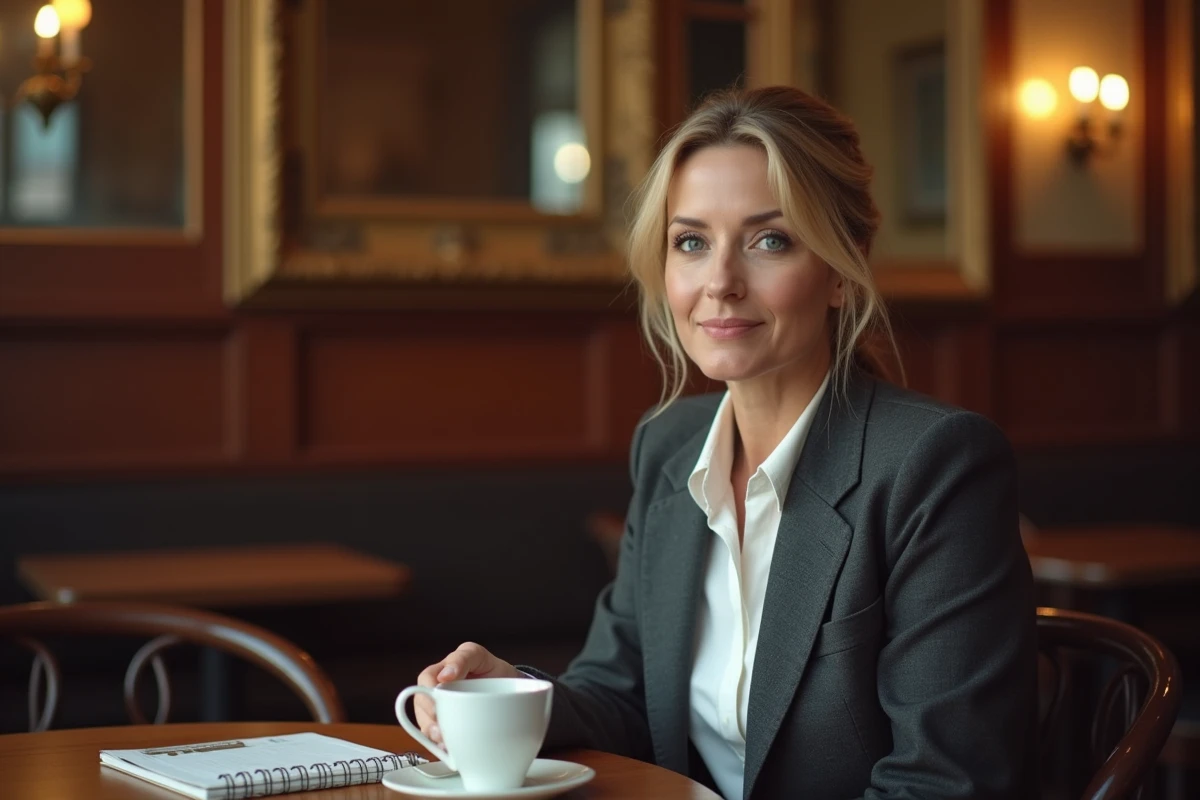 Journaliste femme en blazer gris dans une brasserie parisienne, portrait éditorial contemplative