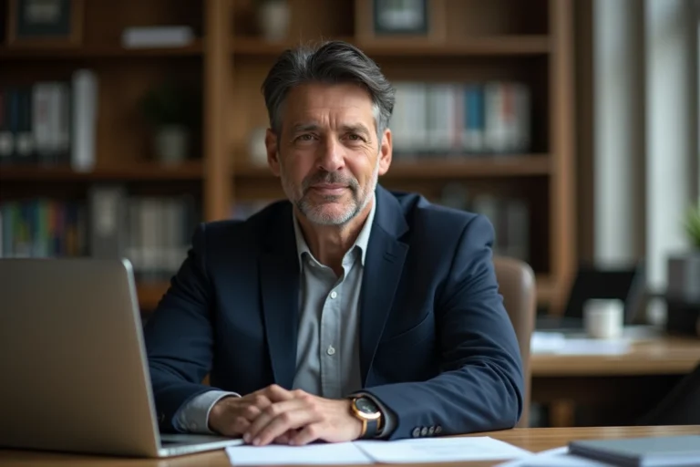 Journaliste homme en blazer marine dans une salle de rédaction moderne, portrait professionnel