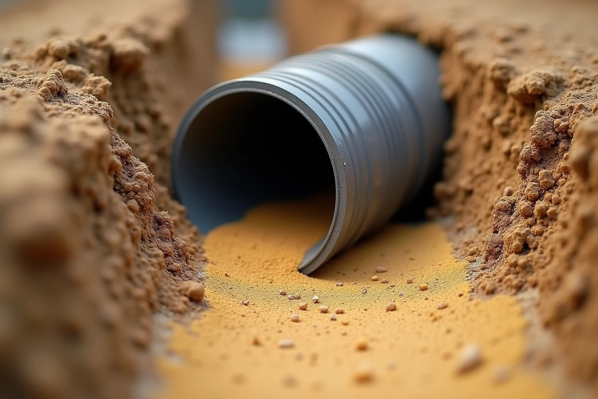 Coupe transversale d'une tranchée montrant le lit de sable et l'enrobage autour d'un tuyau de canalisation