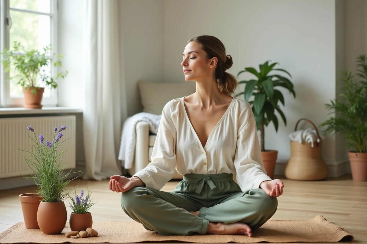 Femme pratiquant la méditation entourée de plantes médicinales dans un appartement naturel et épuré