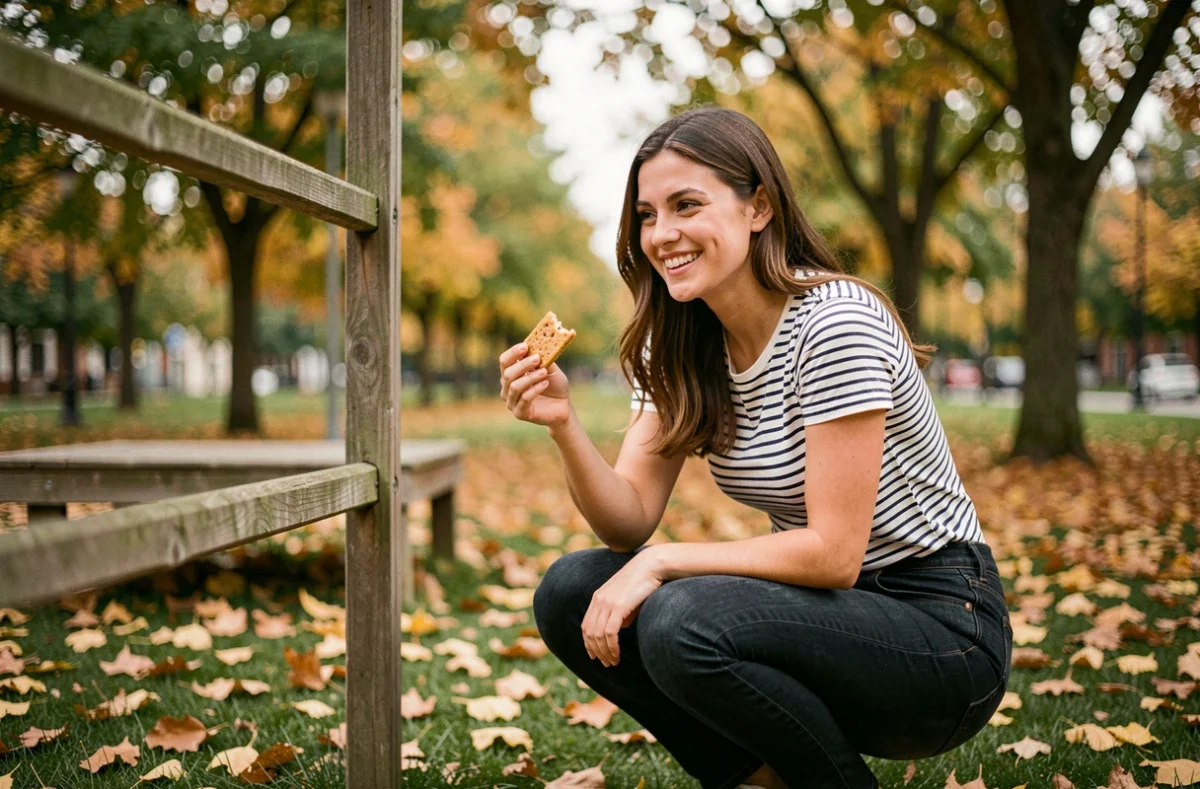 Mère souriante dans un parc en automne proposant un goûter près d'une structure de jeu en bois