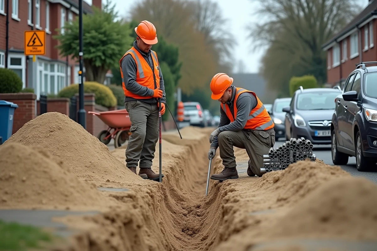 Deux ouvriers vérifiant la mise en œuvre du sable de canalisation dans une tranchée en milieu résidentiel
