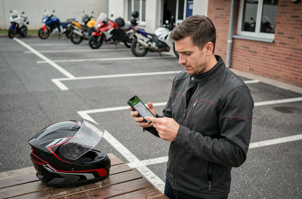 Motard consultant une application de révision du code moto sur smartphone dans un centre de formation à la conduite