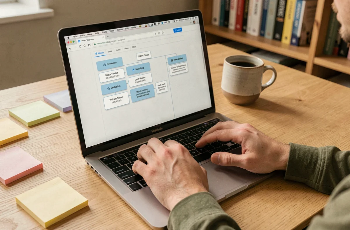 Mains naviguant sur un plan de site visuel affiché sur un écran d'ordinateur portable à domicile