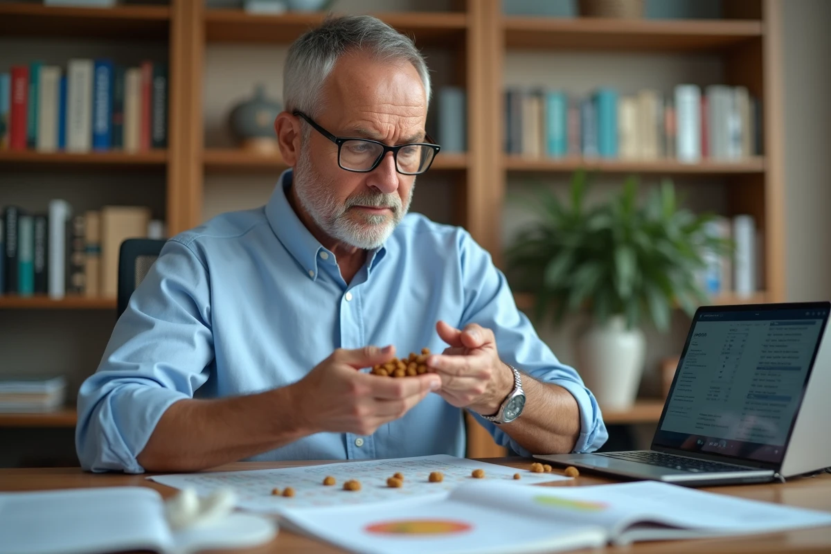 Nutritionniste vétérinaire inspectant des croquettes pour chat avec des documents de recherche sur son bureau