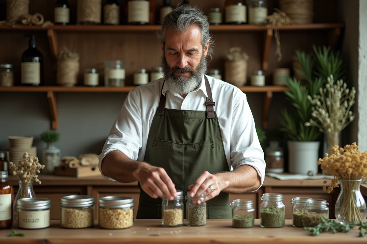 Herboriste préparant des plantes médicinales pour soutenir la santé du pancréas dans une herboristerie traditionnelle