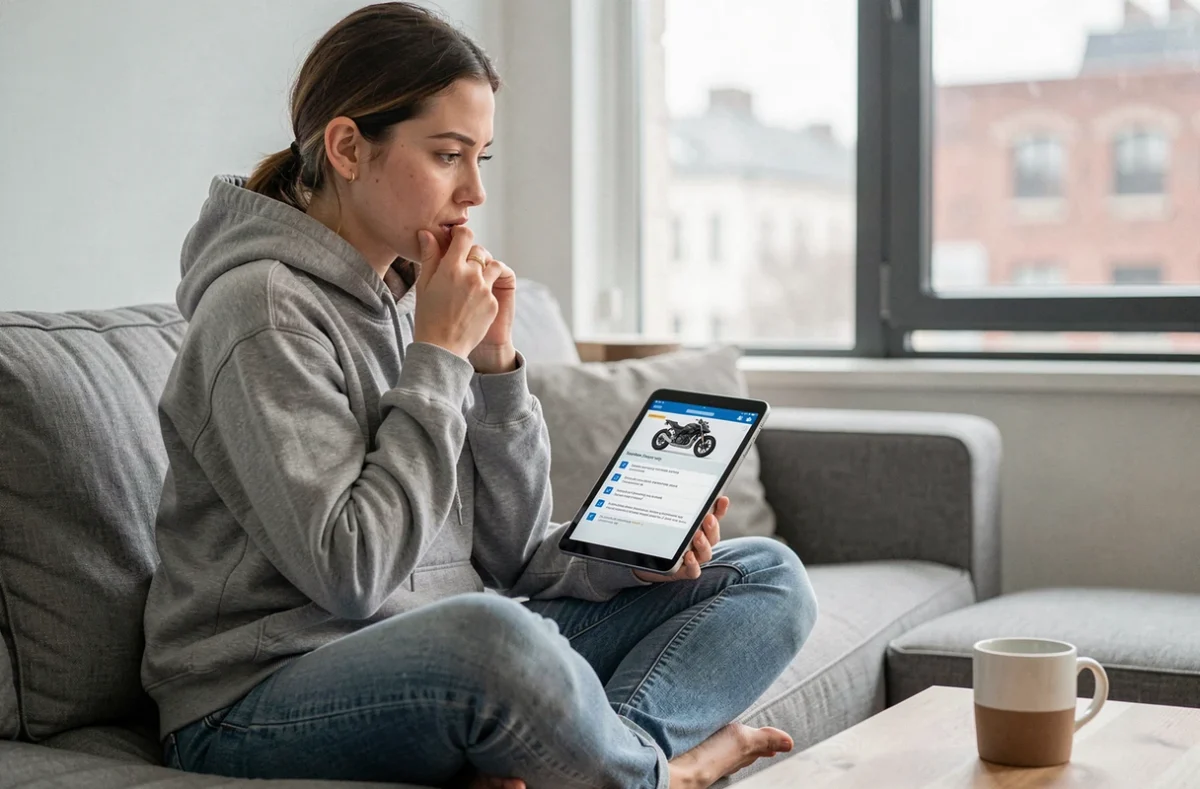 Femme préparant l'ETM moto en ligne sur une tablette depuis son salon
