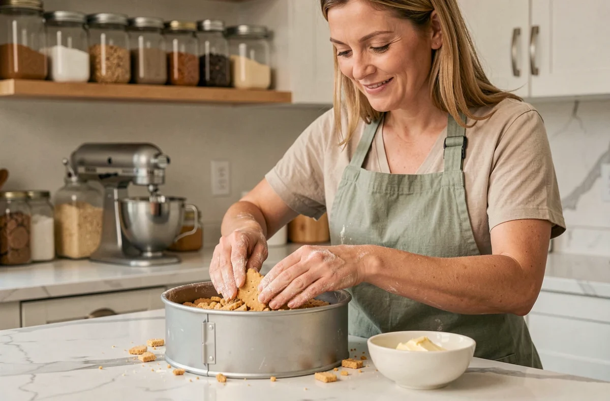 Femme préparant un fond de biscuit maison en pressant des miettes dans un moule à charnière sur un comptoir en marbre blanc dans une cuisine moderne