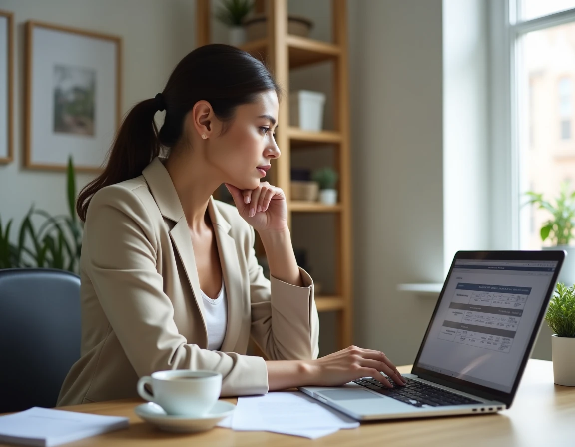 Une femme préparant sa négociation de taux immobilier Casden à son bureau avec un ordinateur portable et des notes
