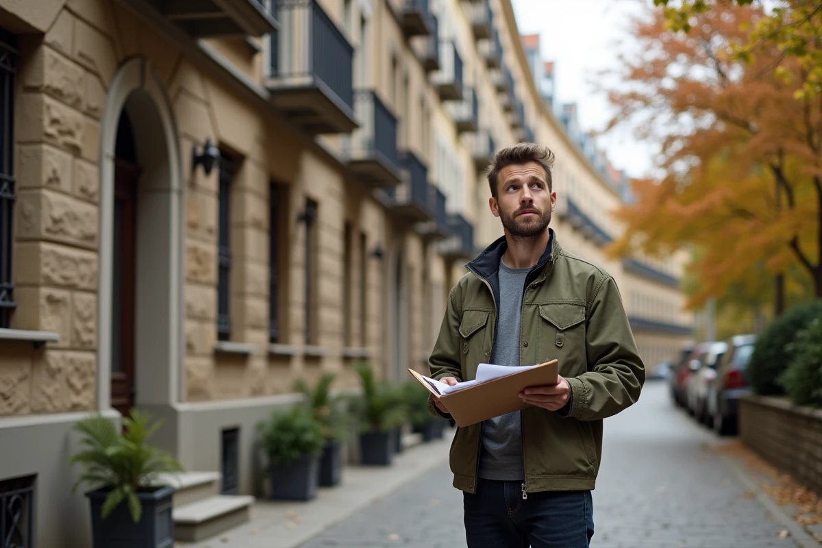 Propriétaire évaluant un immeuble résidentiel pour un investissement locatif rentable
