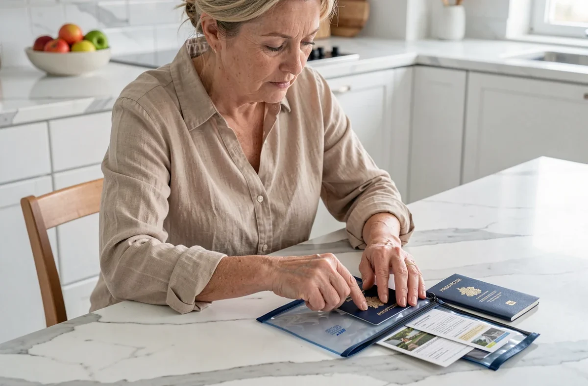 Femme glissant son passeport dans une pochette imperméable sur une table de cuisine pour le protéger