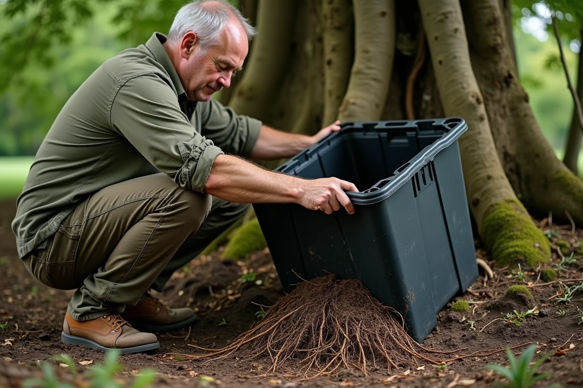 Homme soulevant un composteur plastique pour montrer les racines d'arbre infiltrées en dessous