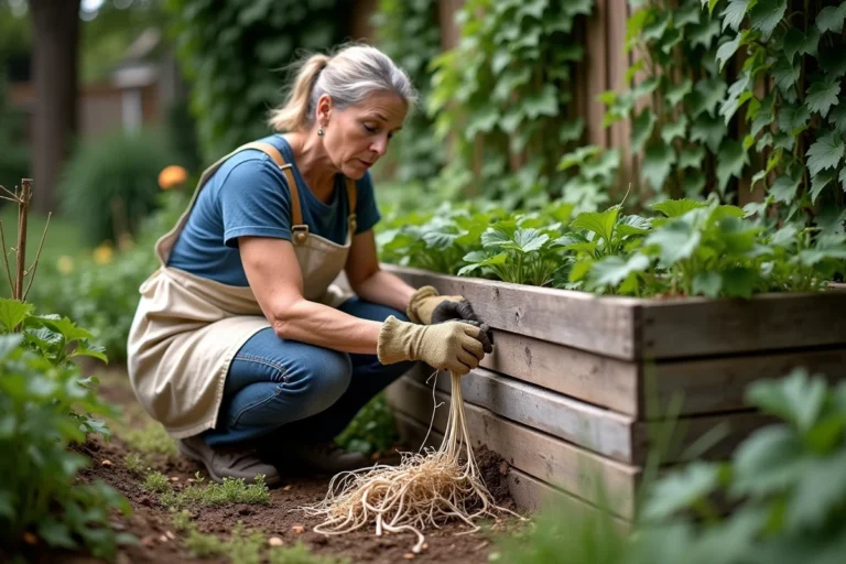 Jardinière inspectant des racines envahissant la base d'un composteur en bois dans un jardin potager