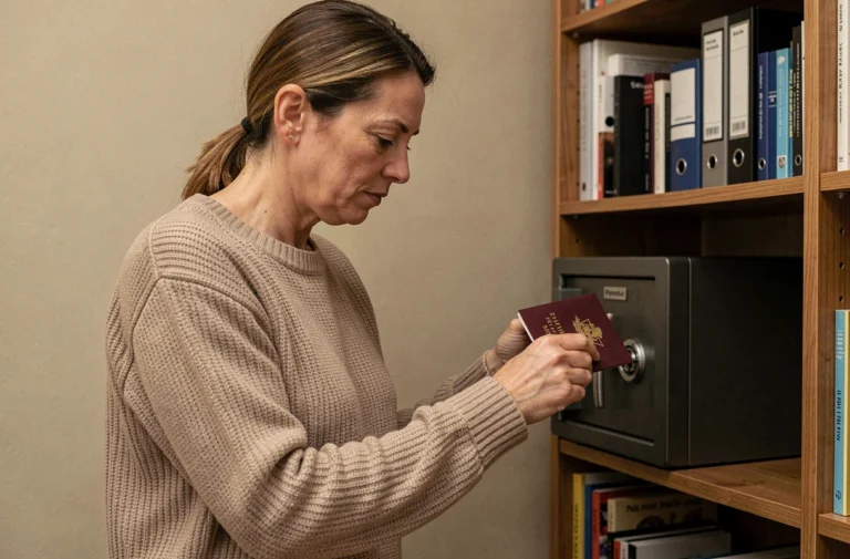 Femme rangeant son passeport dans un coffre-fort ignifuge à la maison pour une sécurité optimale