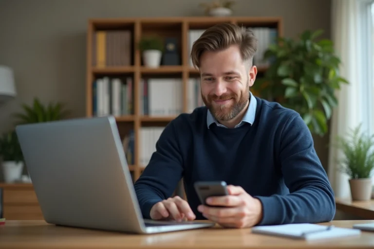 Homme regroupant son forfait Free Mobile avec sa Freebox depuis son bureau à domicile