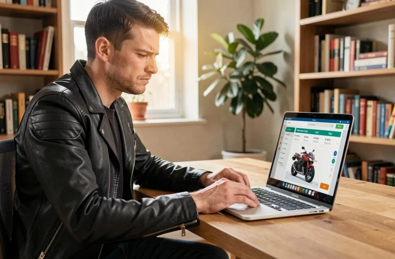 Jeune homme révisant le code de la route moto sur un ordinateur portable à son bureau à domicile