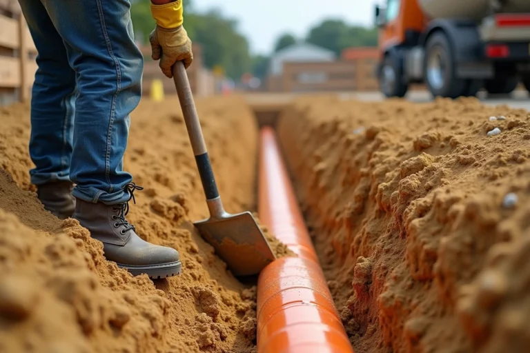 Ouvrier déposant du sable de canalisation dans une tranchée avec un tuyau PVC orange sur chantier de construction