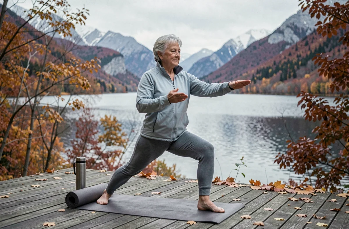 Femme senior pratiquant le yoga sur une terrasse en bois face à un paysage lacustre en automne, bien-être à la retraite