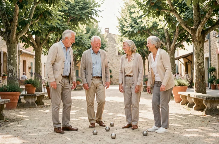 Groupe de seniors joyeux jouant à la pétanque en plein air dans un village provençal, activité conviviale à la retraite