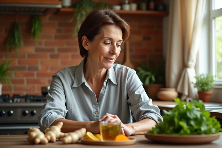 Femme préparant des aliments naturels bénéfiques pour le pancréas dans une cuisine rustique
