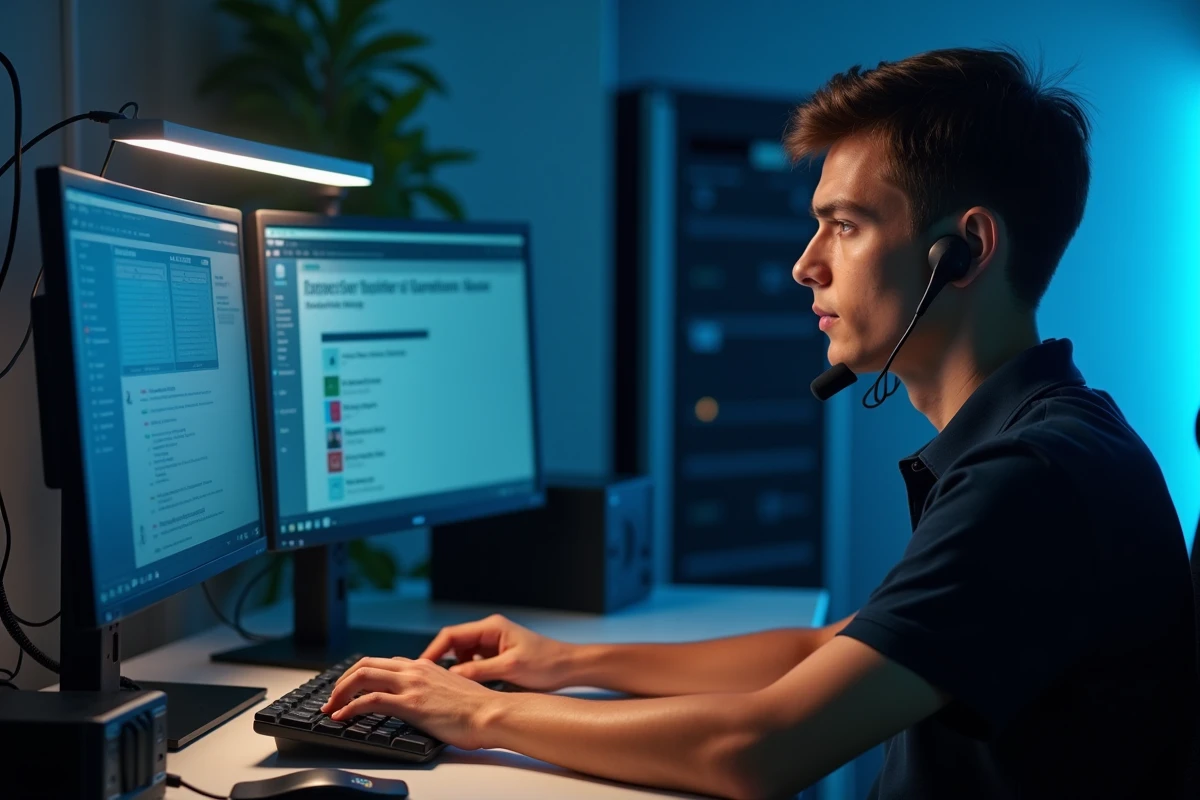 Technicien support informatique gérant une erreur sur un système de gestion documentaire depuis un poste de travail professionnel
