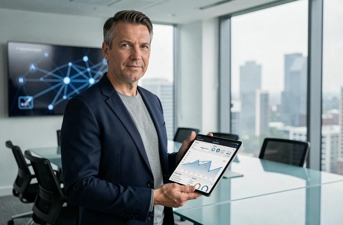 Homme d'affaires analysant des tendances et innovations digitales sur une tablette dans une salle de réunion technologique moderne