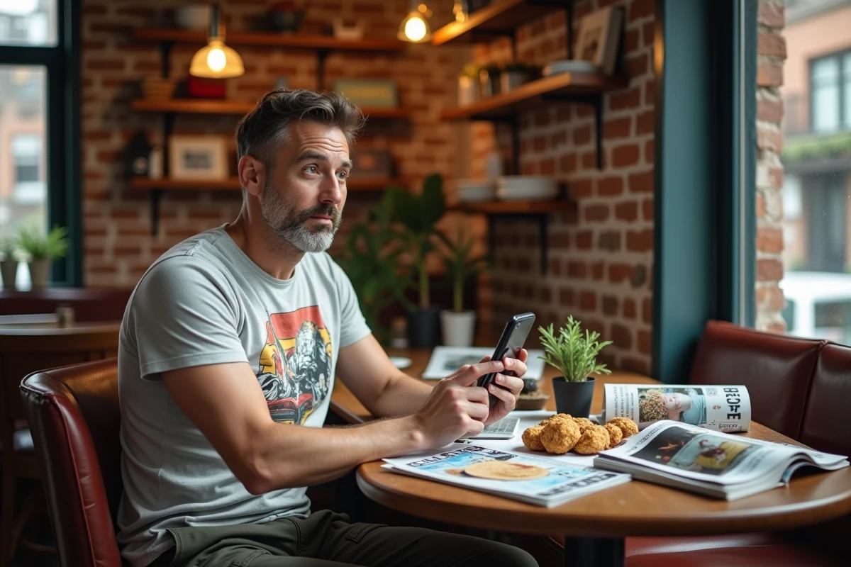 Homme amusé dans un café entouré de gadgets tendance et de magazines insolites ouverts sur une table
