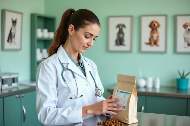Vétérinaire examinant un sac de croquettes premium pour chiens en consultation clinique